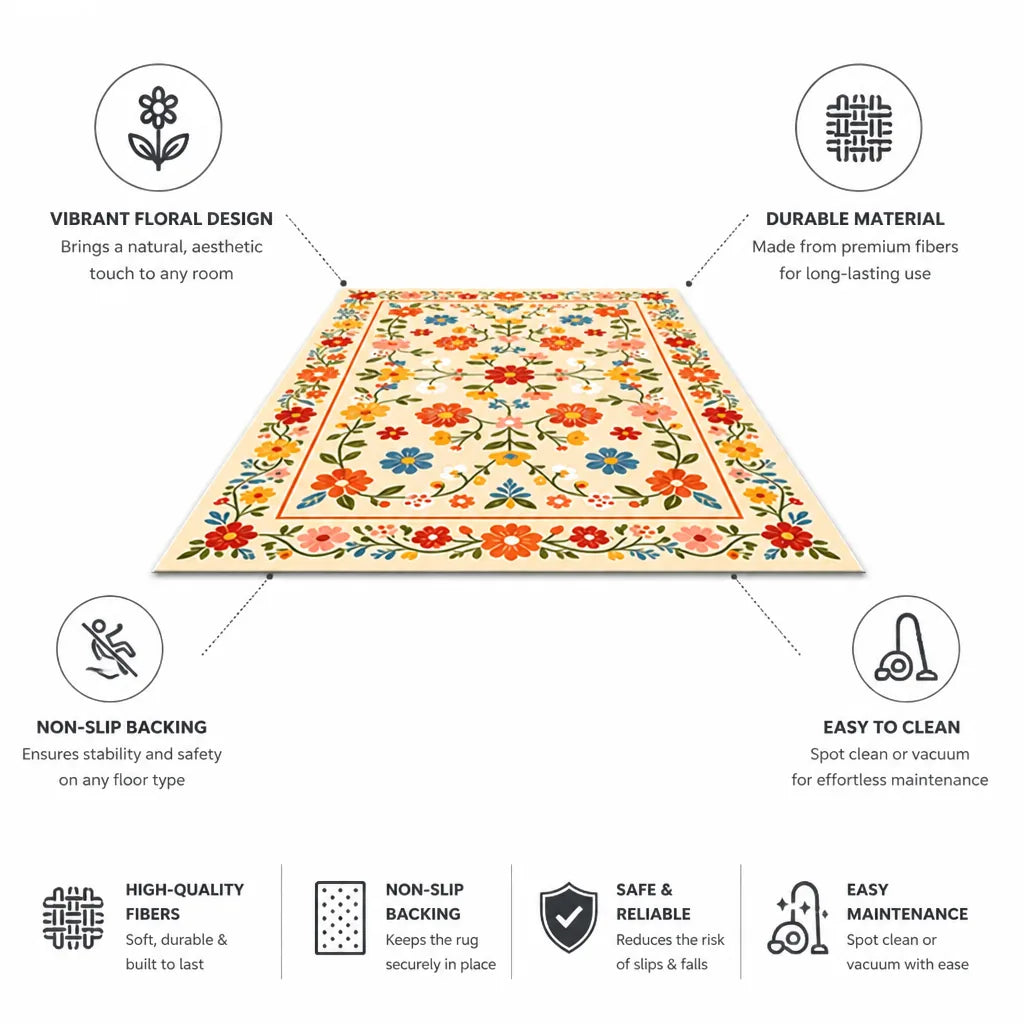 Area Rug Floral Pattern Non-Slip Backing & Easy-Clean