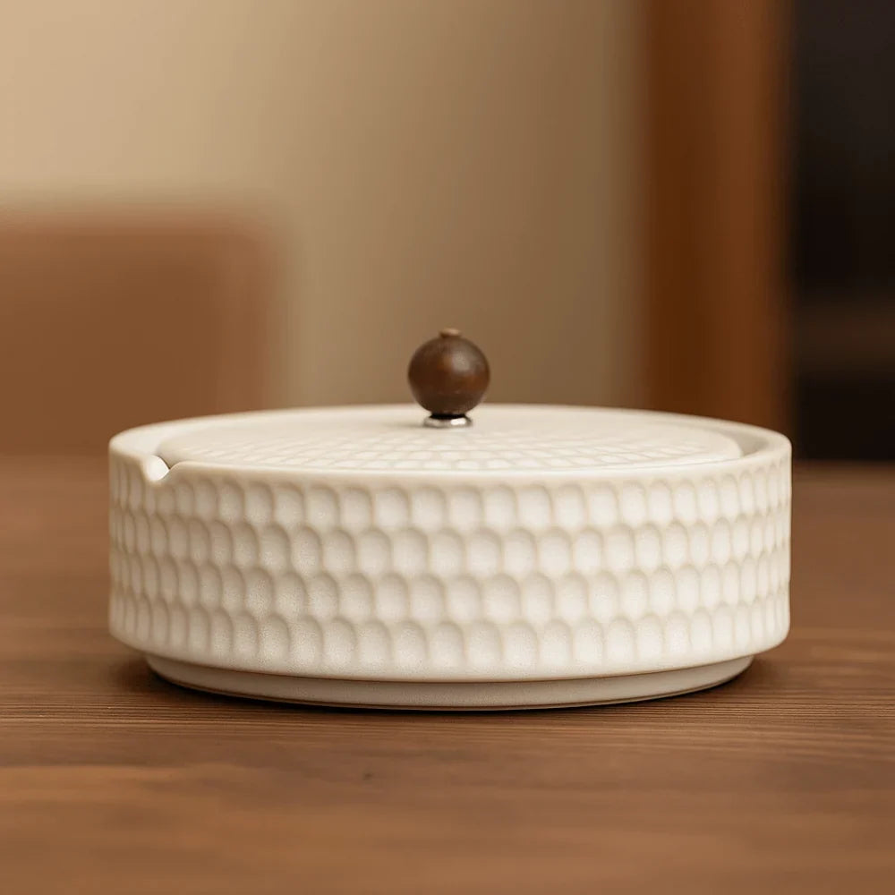 Ashtray Glazed Ceramic Deep Bowl Wooden Lid