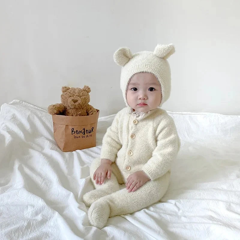 Baby Jumpsuit Plush Bear Print Full-Length Closure