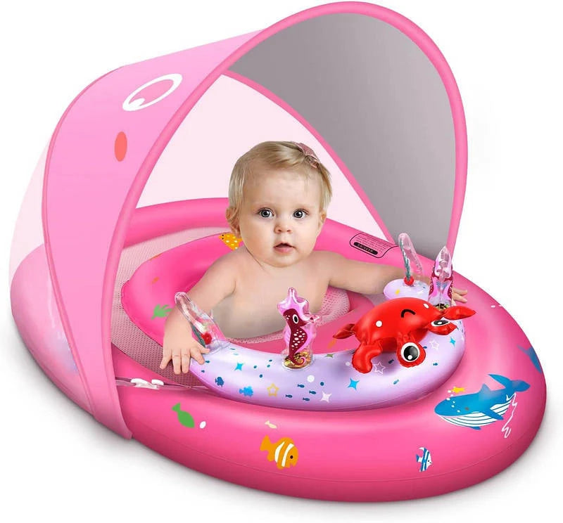Baby Pool Float Adjustable UPF 50 Canopy Dual Air Chambers Mesh Seat