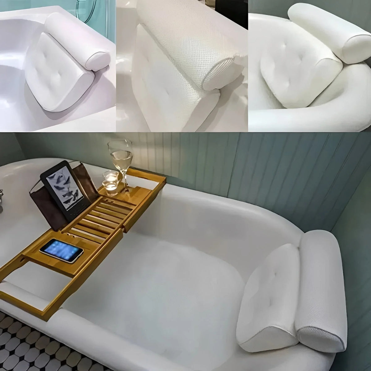 Bath Pillow Contoured Foam 6 Suction Cups Quick-Drying Mesh