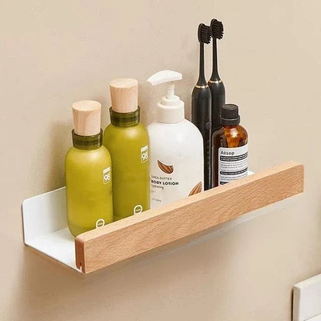 Bathroom Wall Shelf Solid Wood Self-Adhesive Water-Repellent Coating