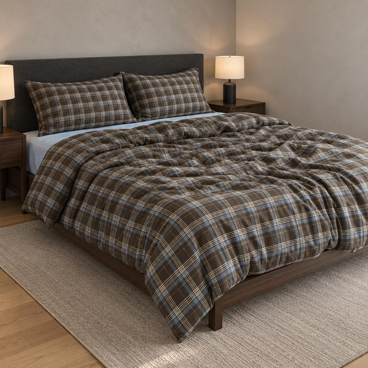 Bedding Set 100% Cotton Brown Plaid Breathable Washable