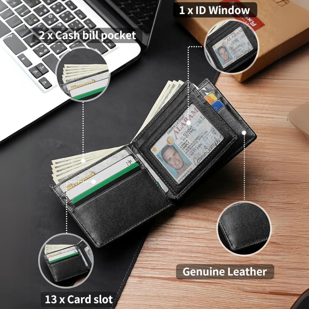 Bifold Wallet Natural Leather RFID-Blocking 13 Card Slots