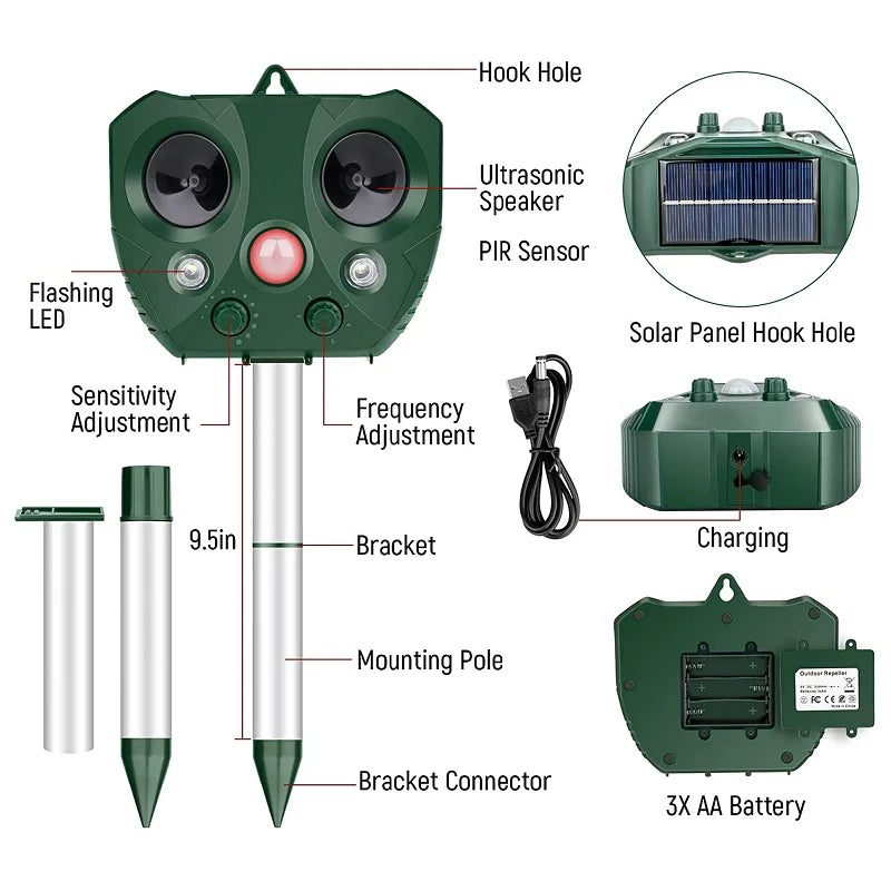 Bird Repeller Solar-Powered Ultrasonic Sound & Flashing LED