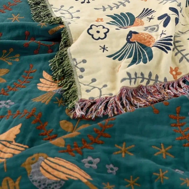 Blanket Reversible Cotton Bird & Floral Pattern