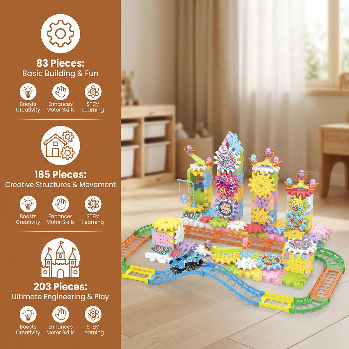 Building Block Set Interlocking Rotating Gears Up to 203 Pieces