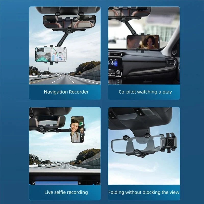 Car Phone Holder Rearview Mirror Mount 360° Rotating Foldable