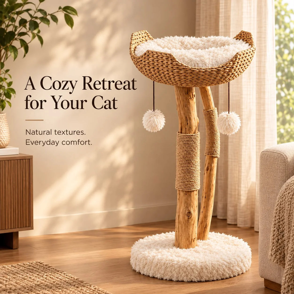 Cat Tree Woven Basket Bed Real Wood Branches