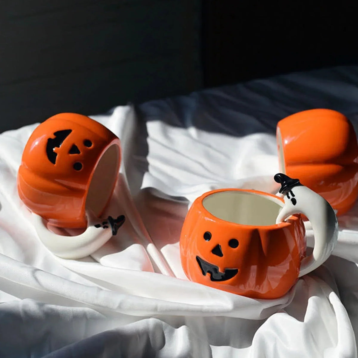 Ceramic Mug Pumpkin Shape Ghost Handle for Hot & Cold Drinks