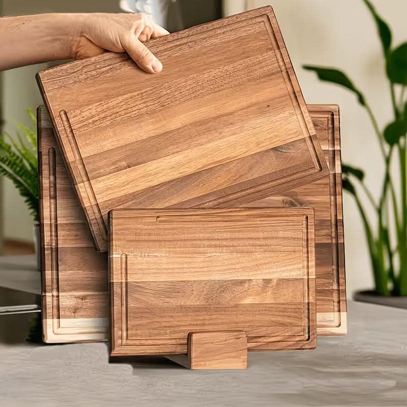 Chopping Board Set of 3 Juice Grooves Wooden Stand