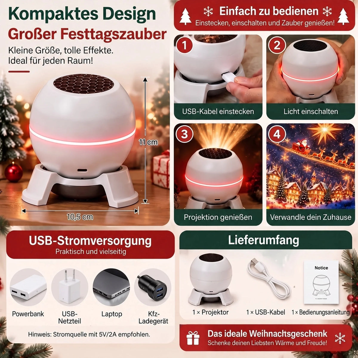 Christmas Projector Animated Holiday Patterns USB Powered