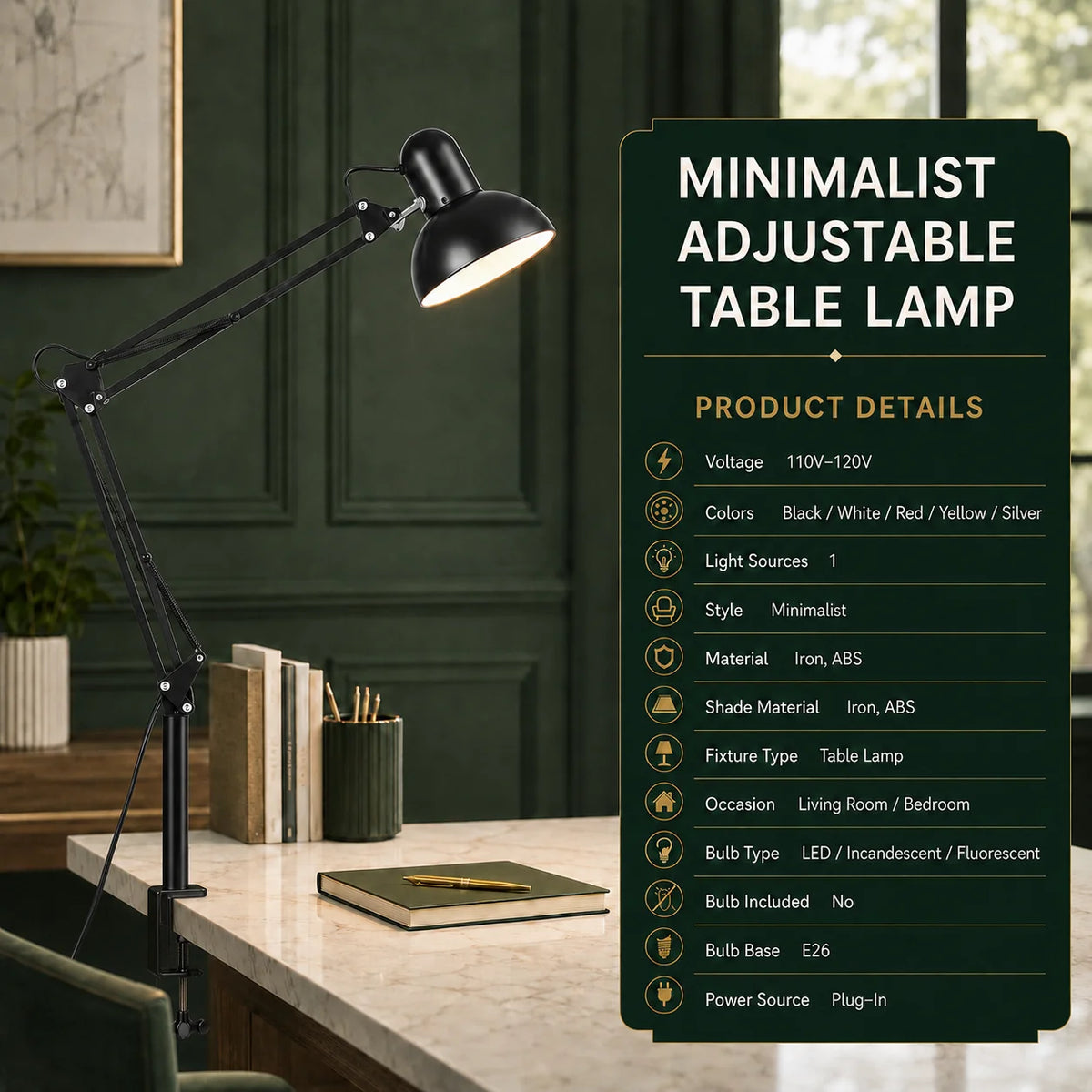 Clip-On Desk Lamp Adjustable Pivoting Arm E26 Bulb Base