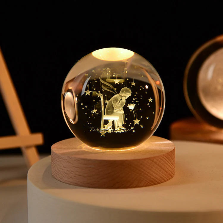 Crystal Ball Lamp 3D Engraved Glass Warm LED USB-Powered