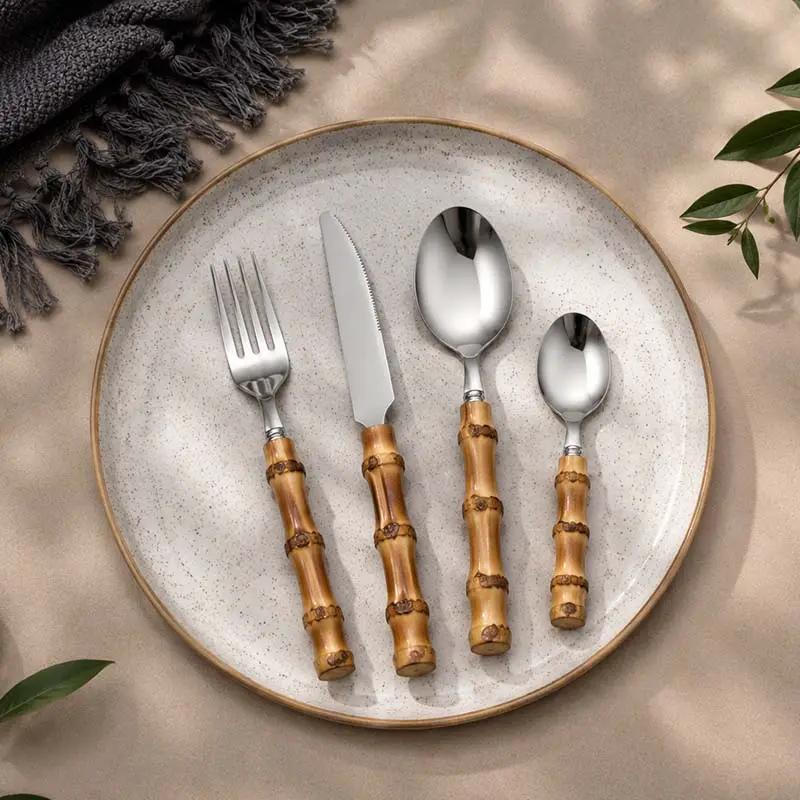 Cutlery Set Stainless Steel Bamboo-Style Handles Dishwasher-Safe Set of 24