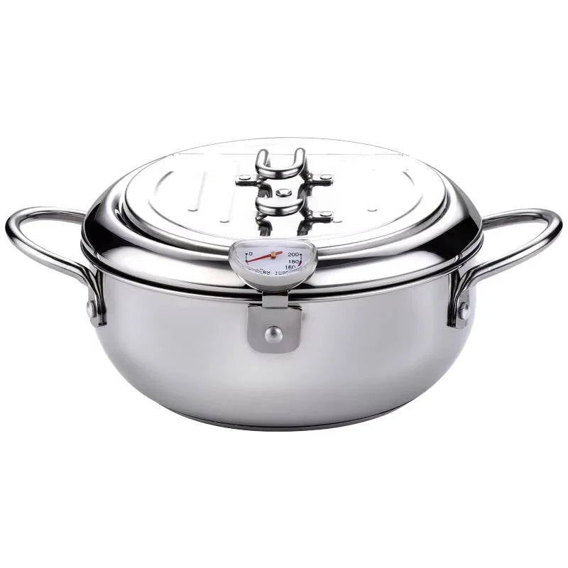 Deep Frying Pot Stainless Steel Built-In Thermometer Splash Guard
