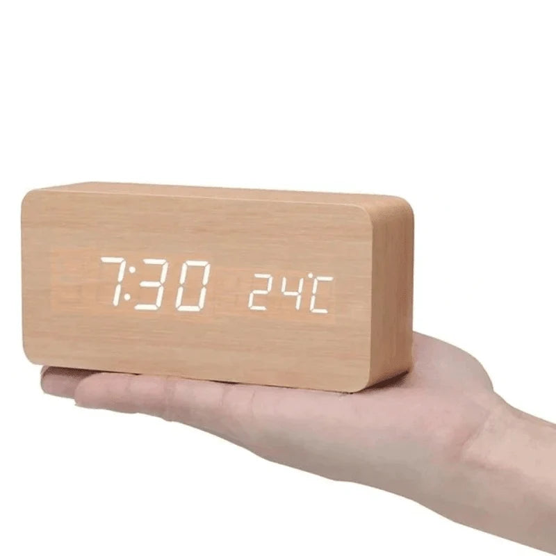 Digital Alarm Clock Wood Grain LED Time Temperature & Date Display