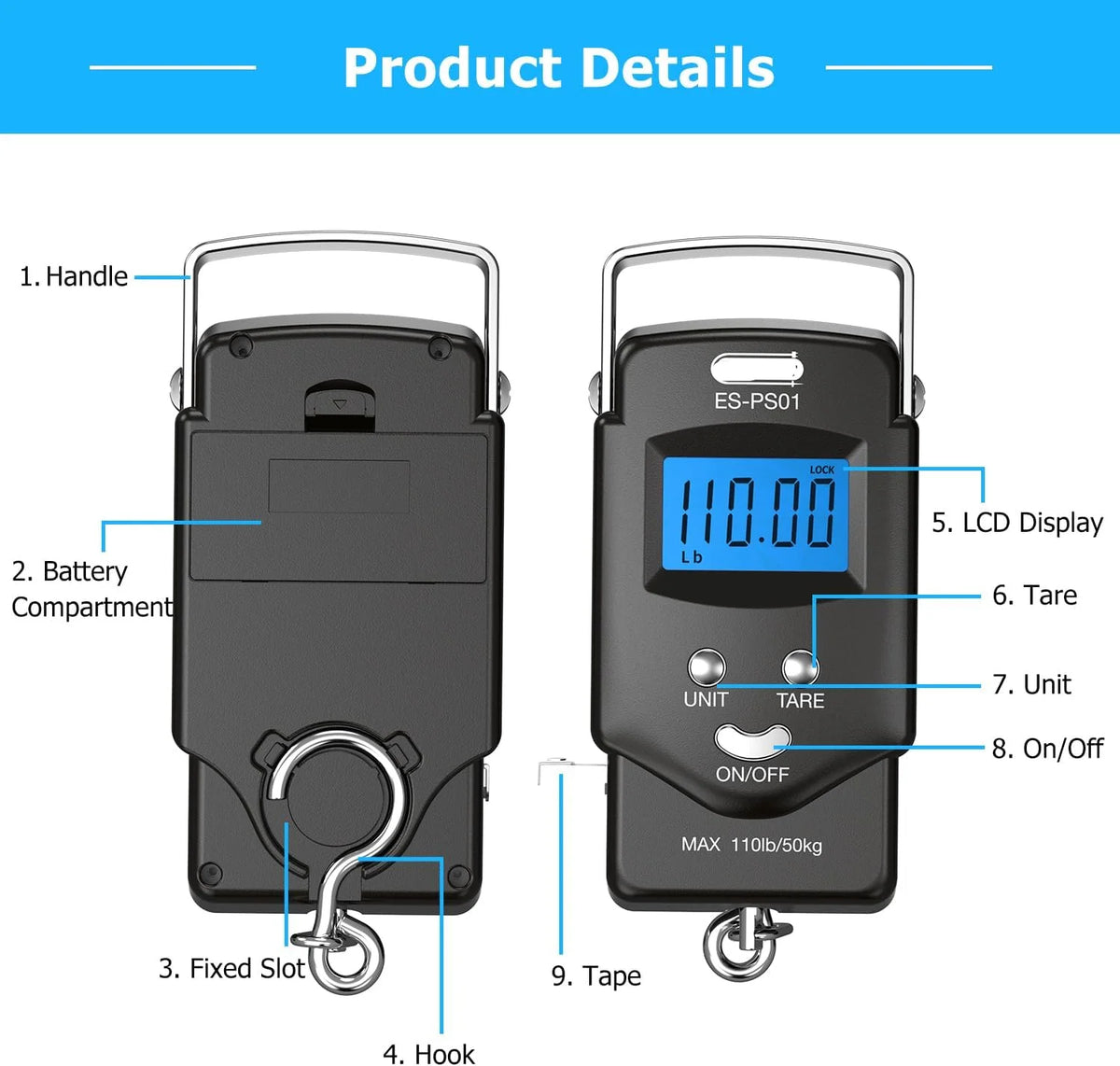 Digital Hanging Scale With Tape Measure 110 lb Capacity