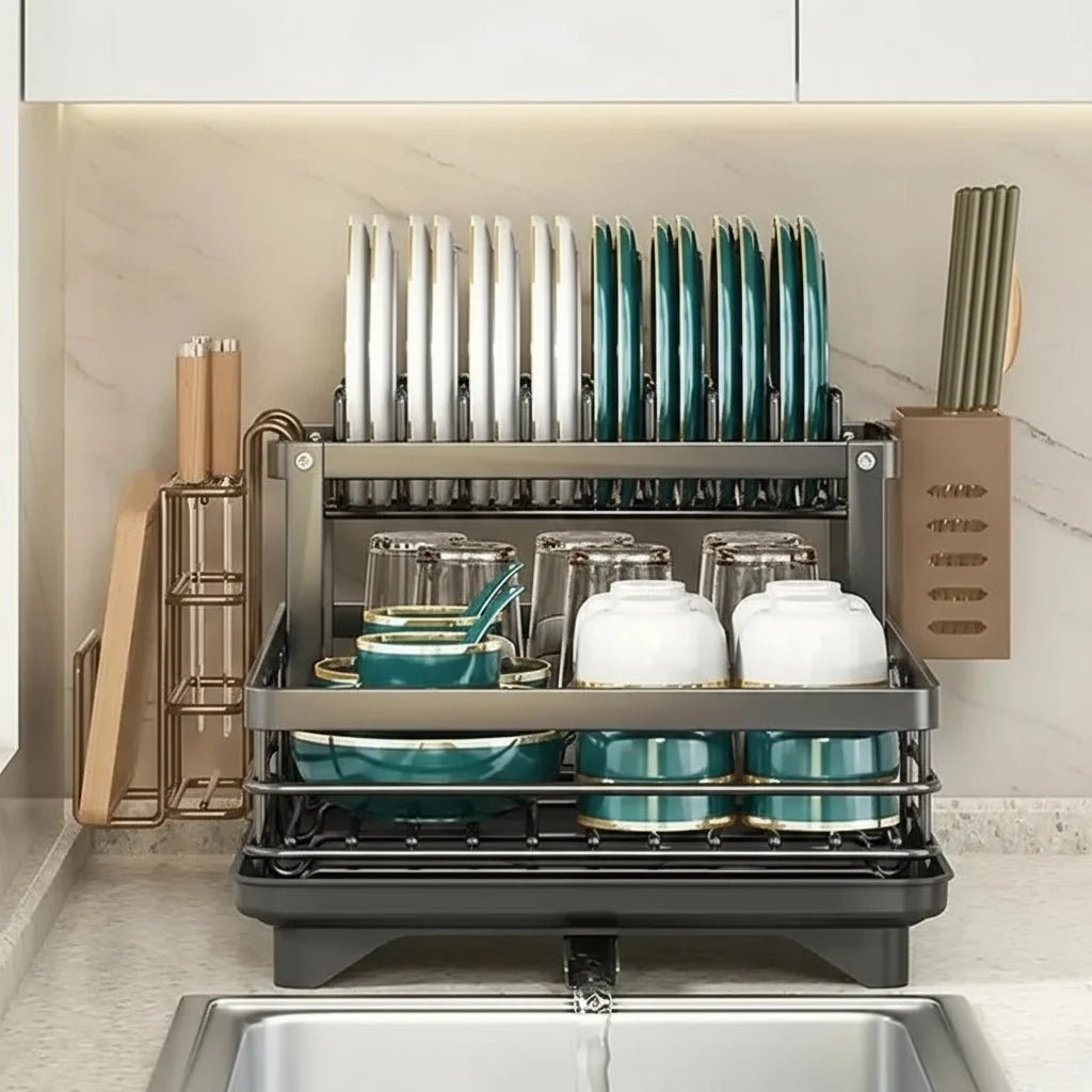 Dish Drying Rack Foldable Stainless Steel With Removable Utensil Holder