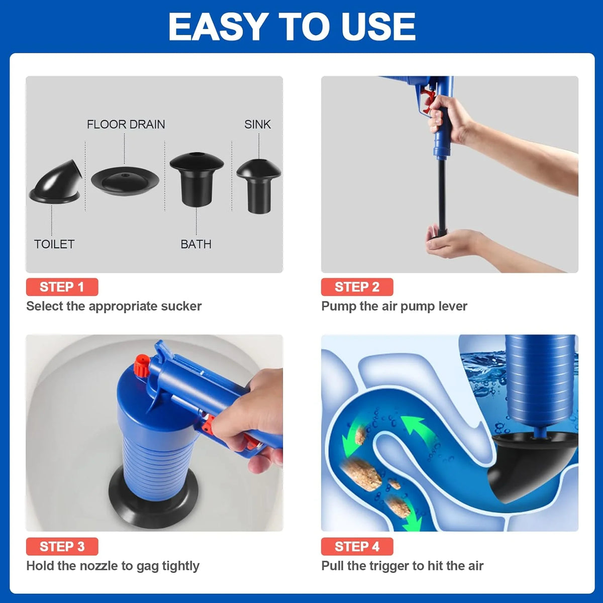Drain Plunger Compressed Air Four Interchangeable Suction Cups