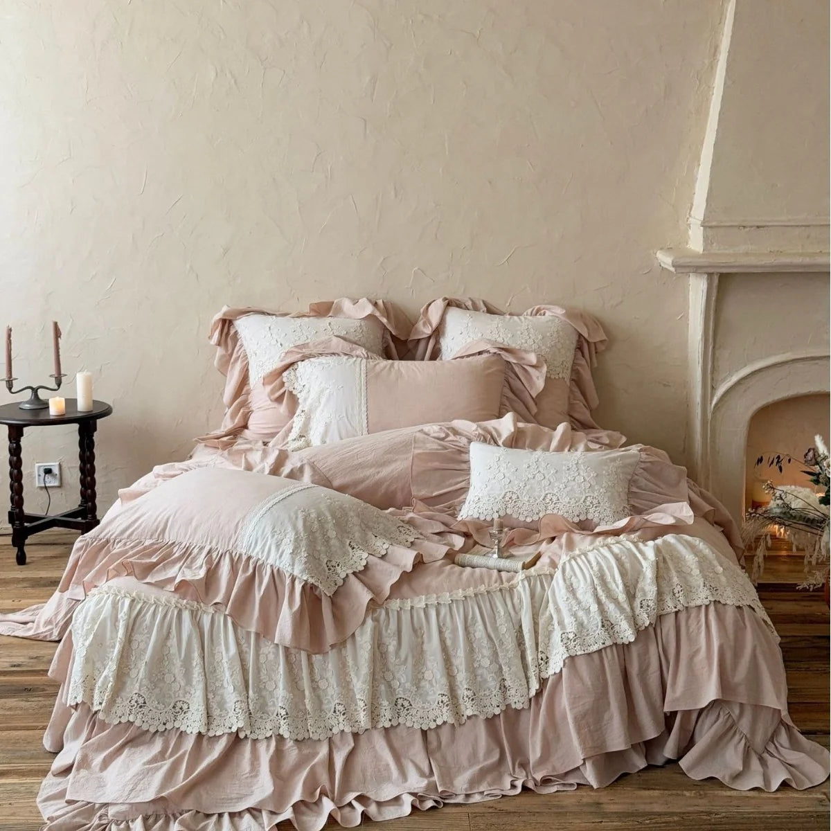 Duvet Cover Set Cotton-Linen Blend Ruffles & Lace Embroidery