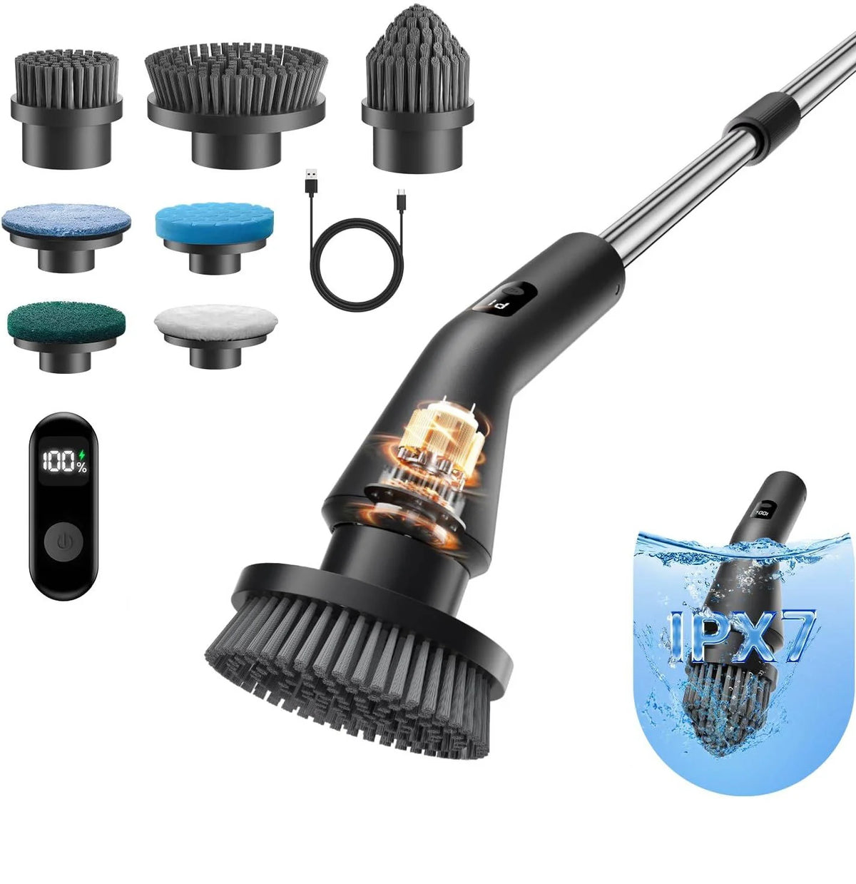 Electric Spin Scrubber Cordless Extendable Handle Seven Brush Heads