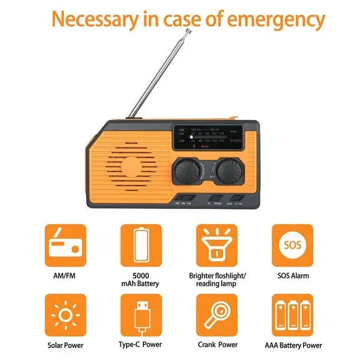 Emergency Weather Radio Solar & Hand Crank Charging 5000mAh Battery USB Phone Charger