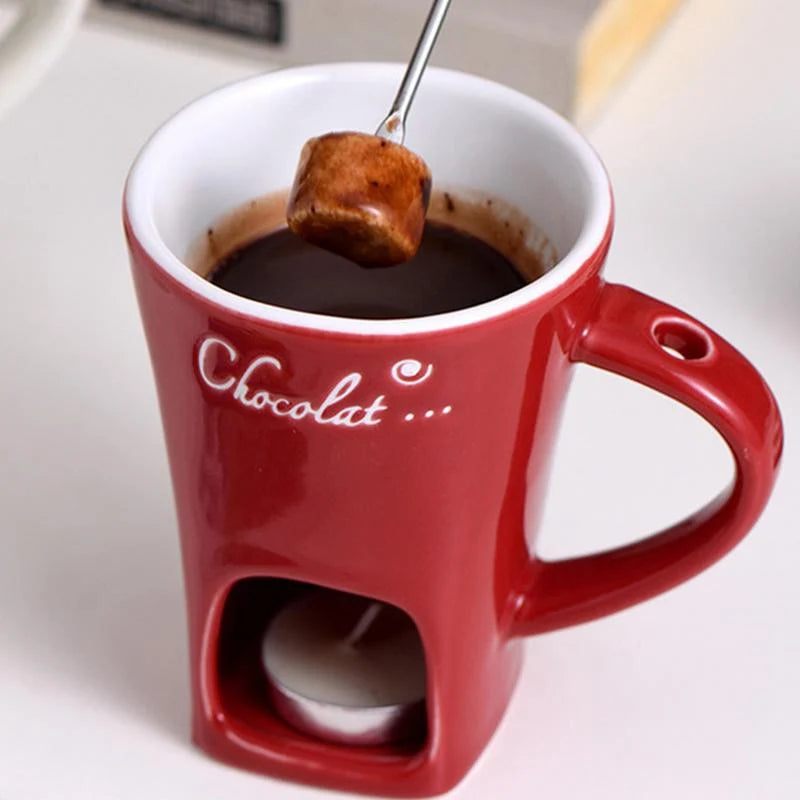 Fondue Mug Ceramic Candle-Heated Base Stainless Steel Fork