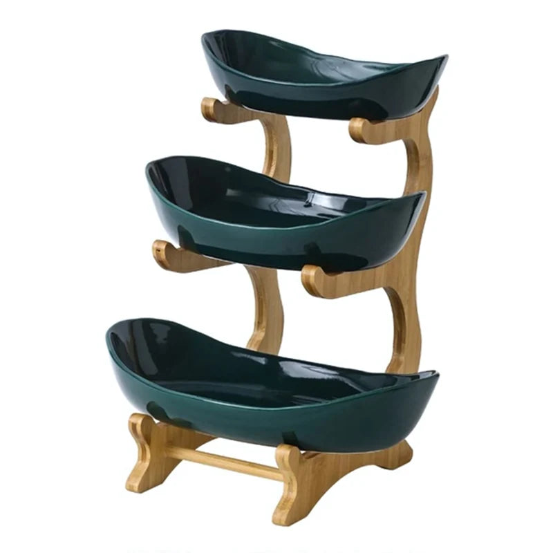 Fruit Bowl Tiered Bamboo Frame Removable Oval Bowls