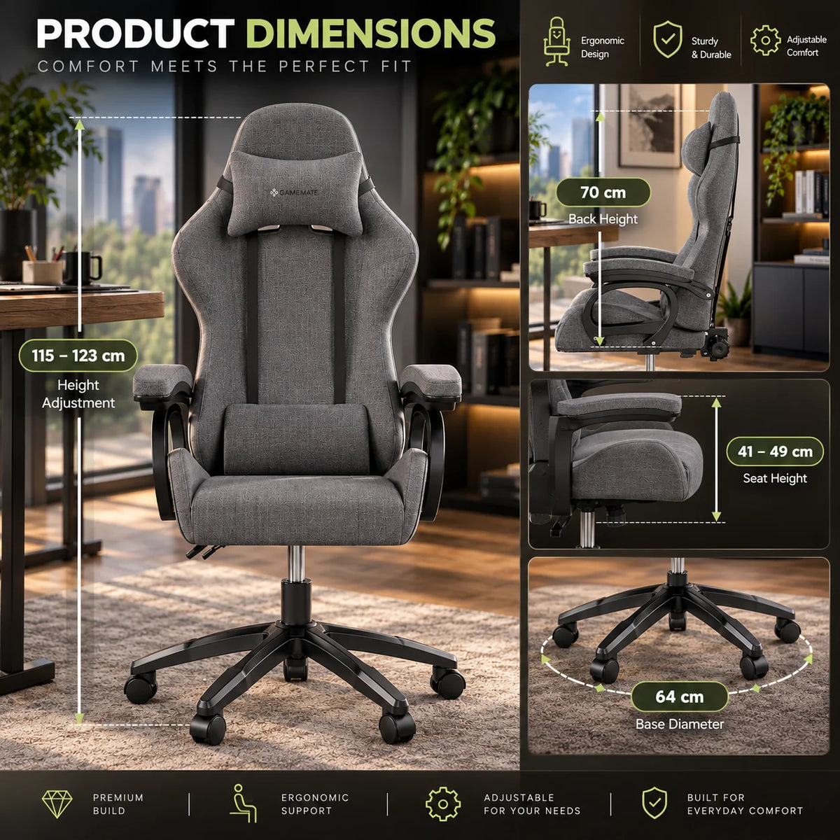 Gaming Chair Height Adjustable Lumbar & Neck Pillows