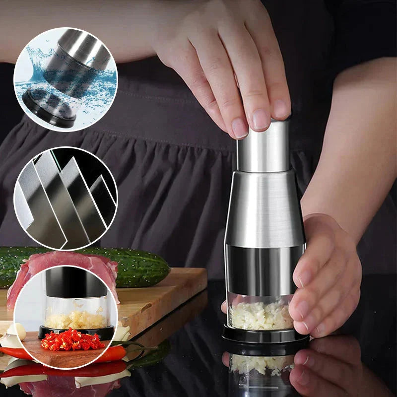 Garlic Chopper Stainless Steel Blades Enclosed Chamber Ergonomic Grip