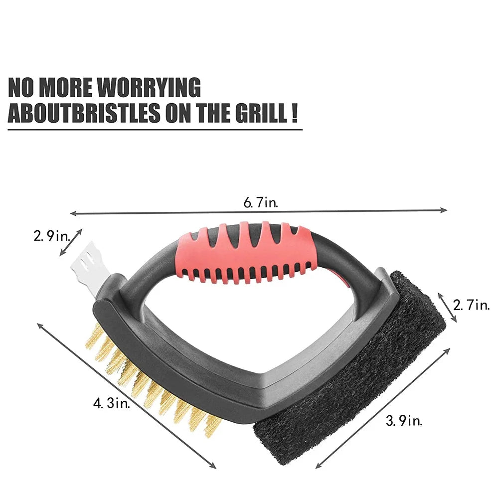 Grill Brush Three-in-One Brass Bristles Copper Scraper & Scouring Pad