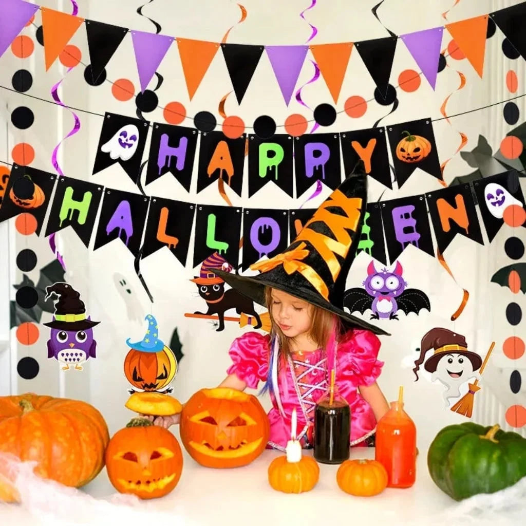 Halloween Party Decoration Kit Banner & Hanging Swirls