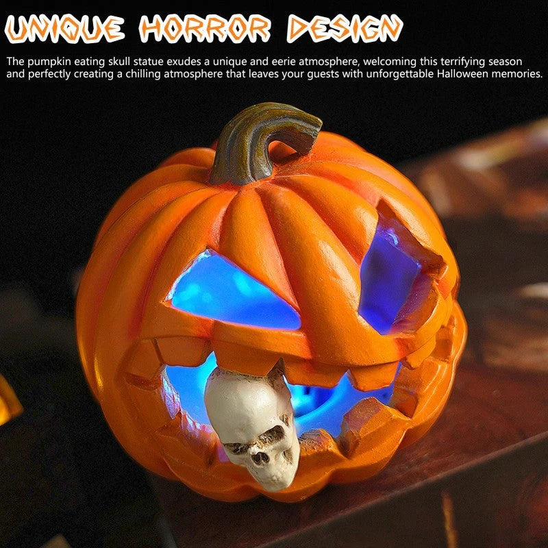 Halloween Pumpkin Ornament Carved Resin With Skull Insert Freestanding