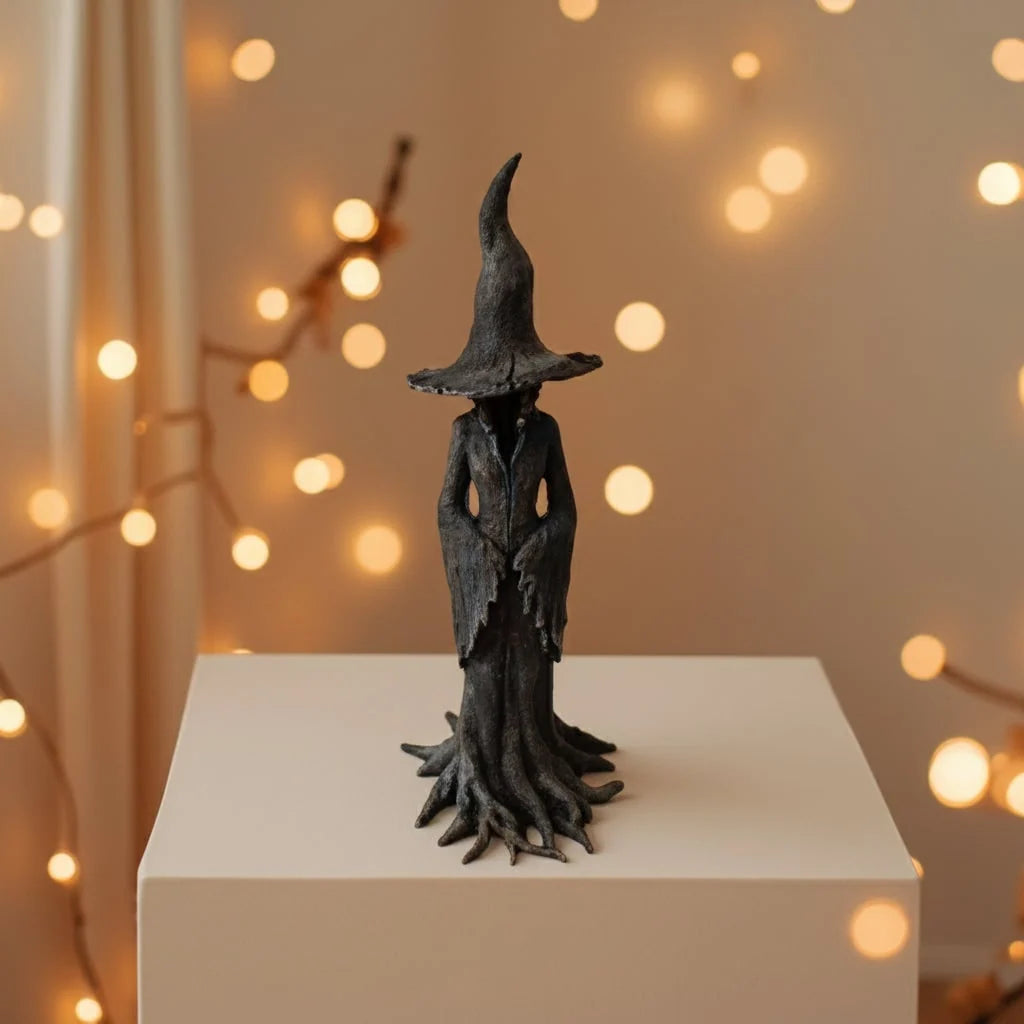 Halloween Witch Figurine Cast Resin Weather-Resistant Tree Root Base