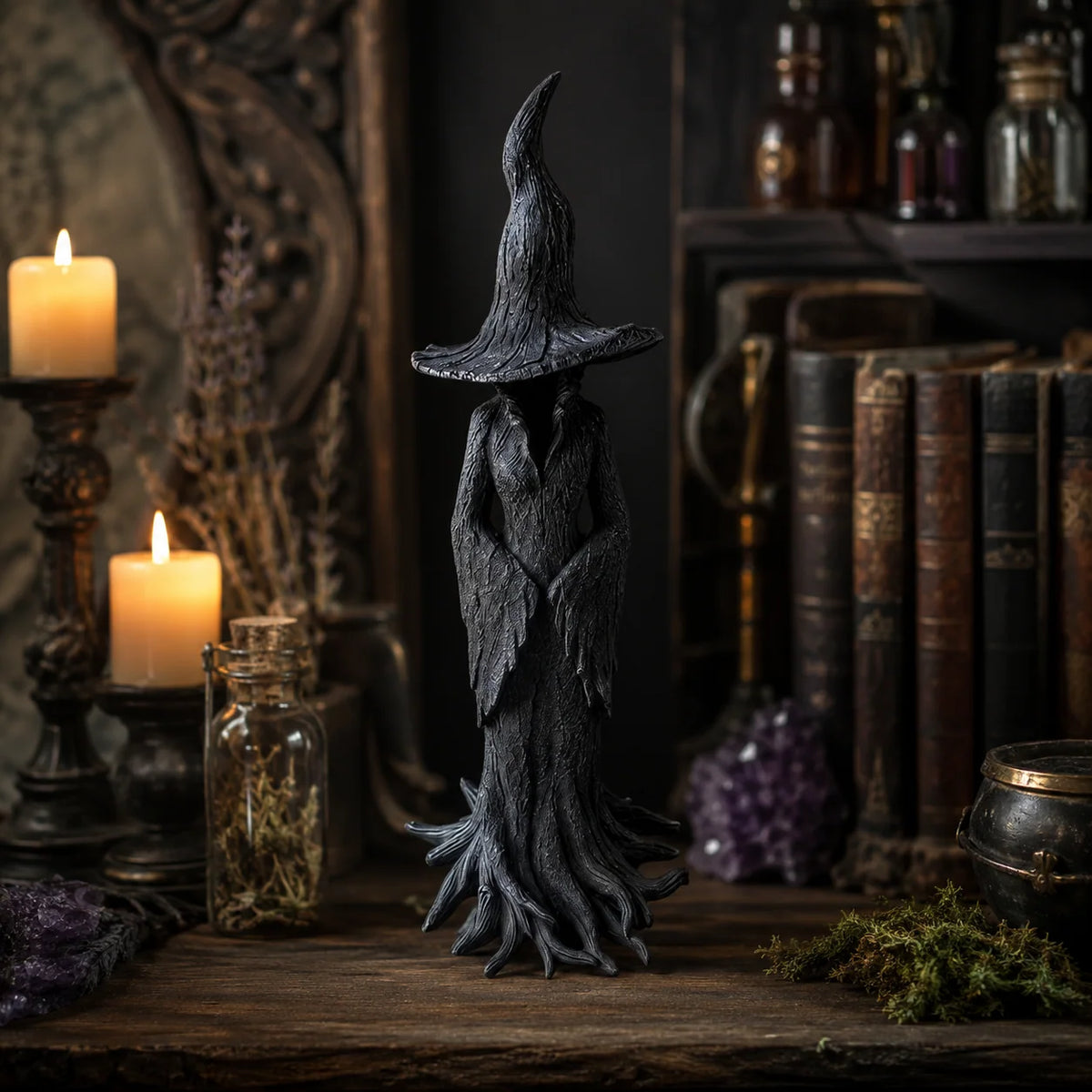 Halloween Witch Figurine Textured Bark Finish Root Base