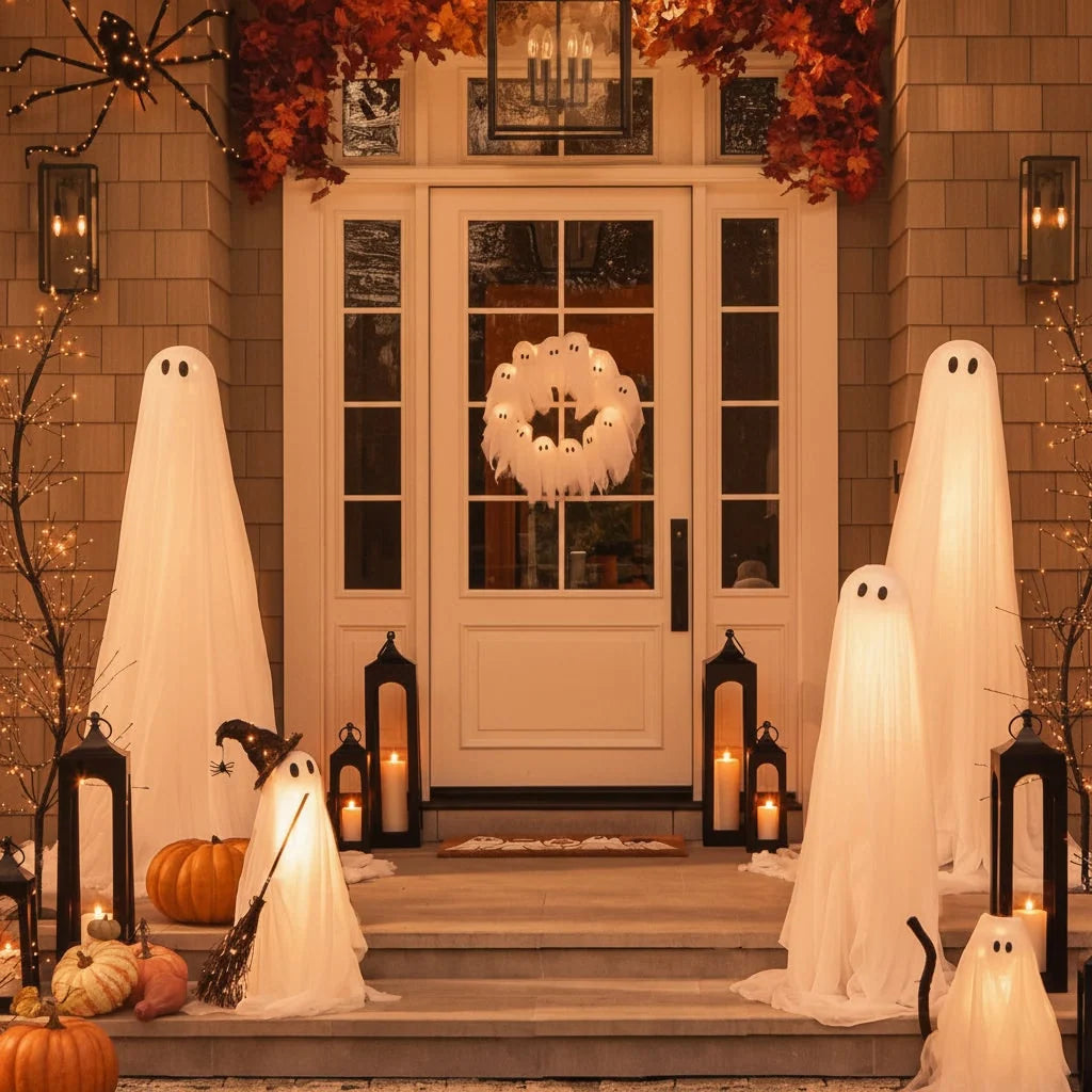 Halloween Wreath Gauze Ghosts Warm Battery-Operated LED Lights
