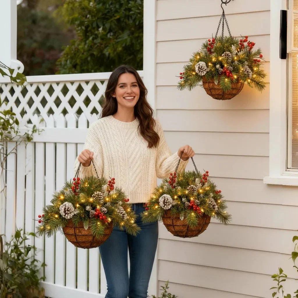 Hanging Christmas Basket Artificial Evergreen Warm White LED Lights