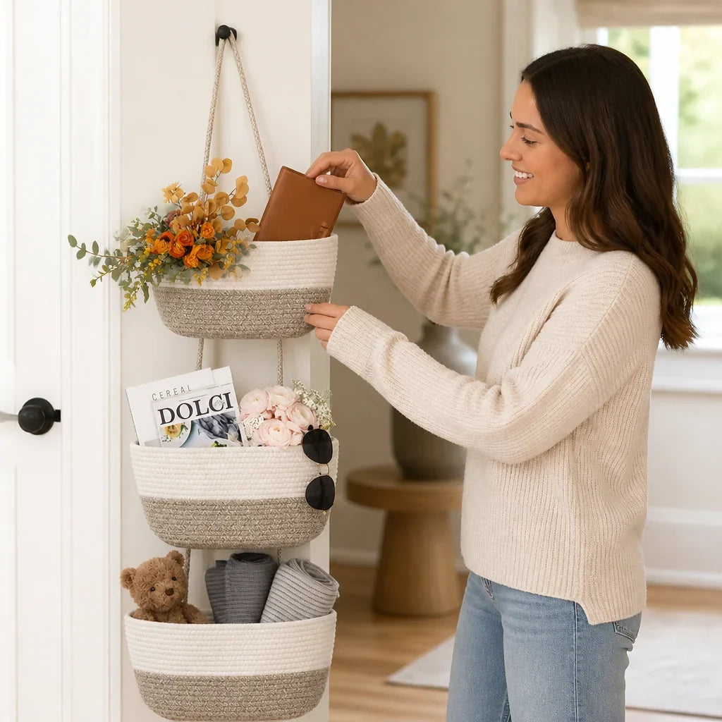Hanging Storage Basket 3-Tier Woven Cotton Space-Saving