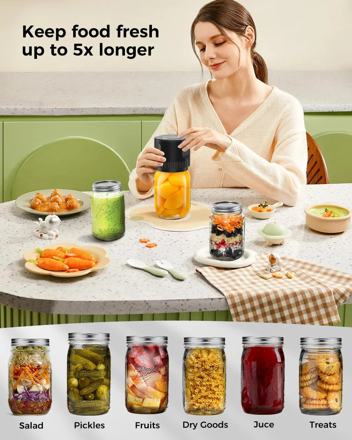 Jar Vacuum Sealer One-Touch Cordless Fits 3.4 Inch Jars
