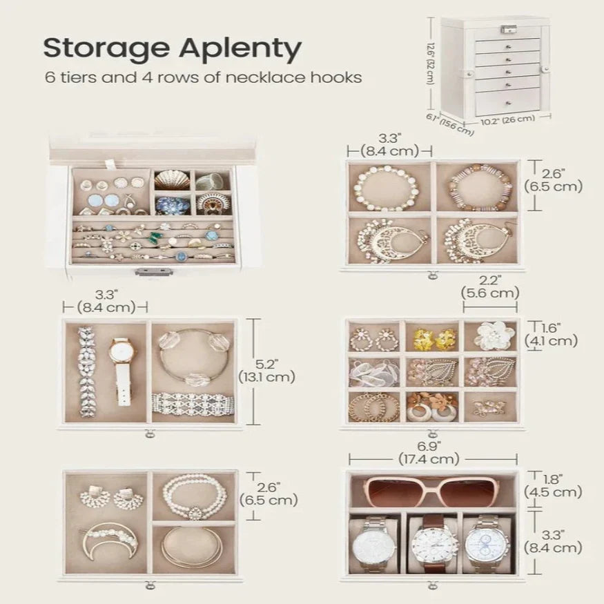 Jewelry Box Six-Tier Velvet-Lined With Mirror & Locking Closure