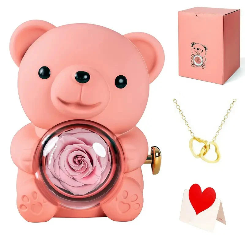 Jewelry Set Rose Bear Heart Ring & Flower Necklace