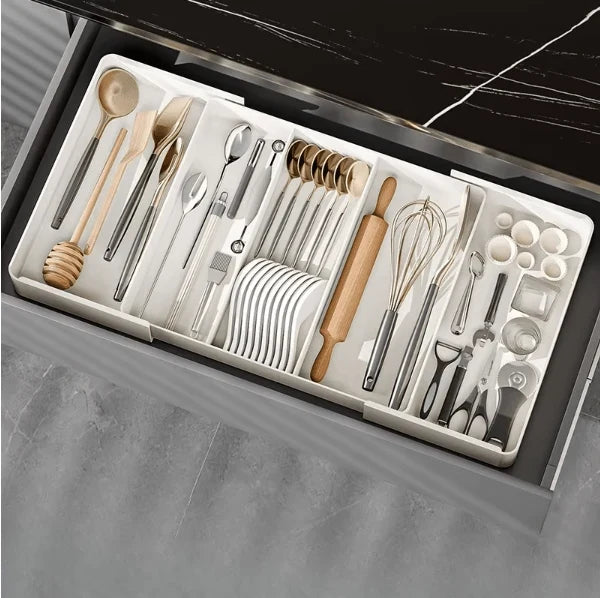 Kitchen Drawer Organizer Adjustable Compartments Wipe-Clean Plastic Surface