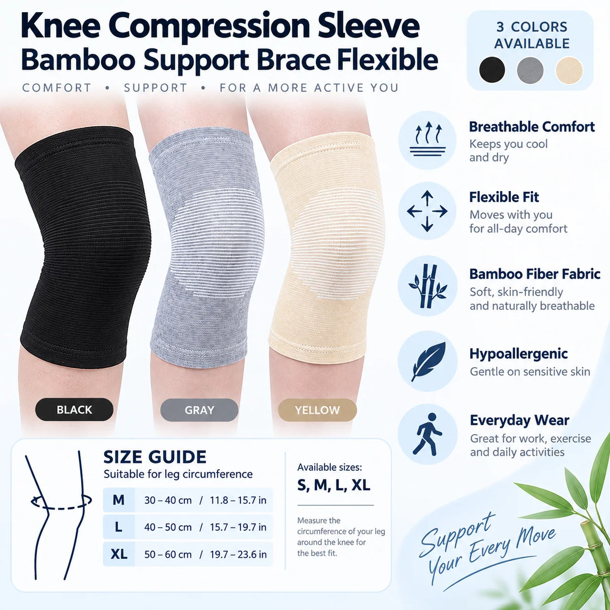 Knee Compression Sleeve Bamboo Breathable Moisture-Wicking Support