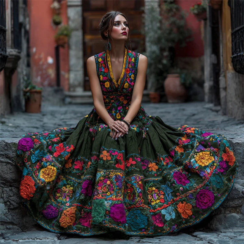 Maxi Dress Floral Print Sleeveless V-Neck Floor-Length