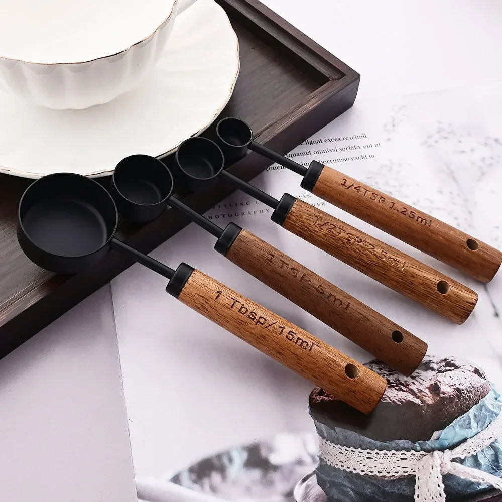 Measuring Cups & Spoons Engraved Stainless Steel Wood Handles