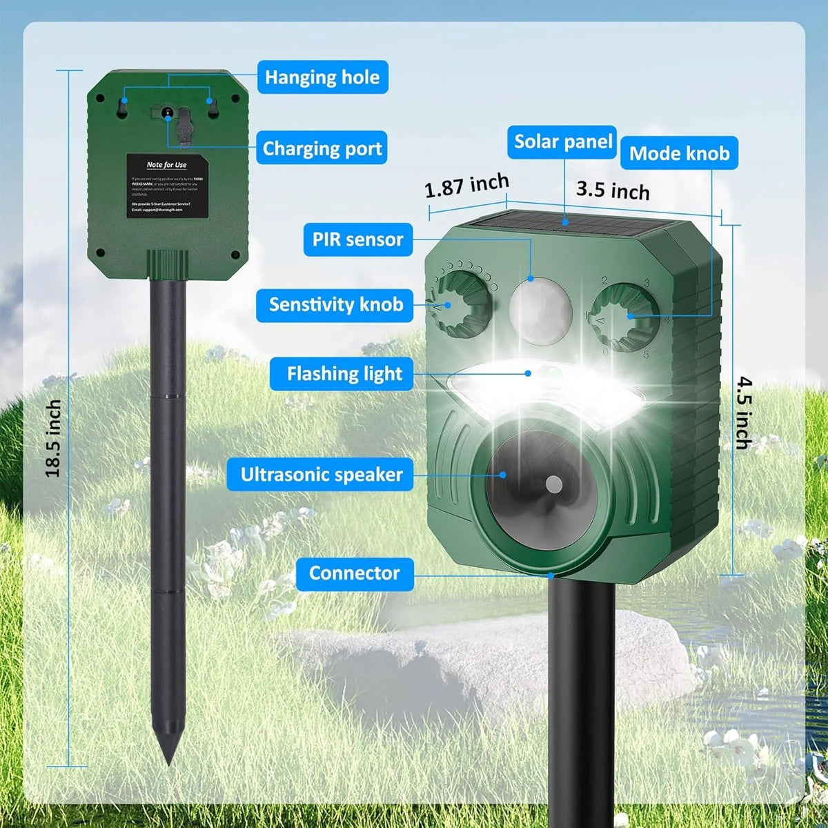 Motion-Activated Animal Deterrent Ultrasonic & Flashing Light Solar Powered