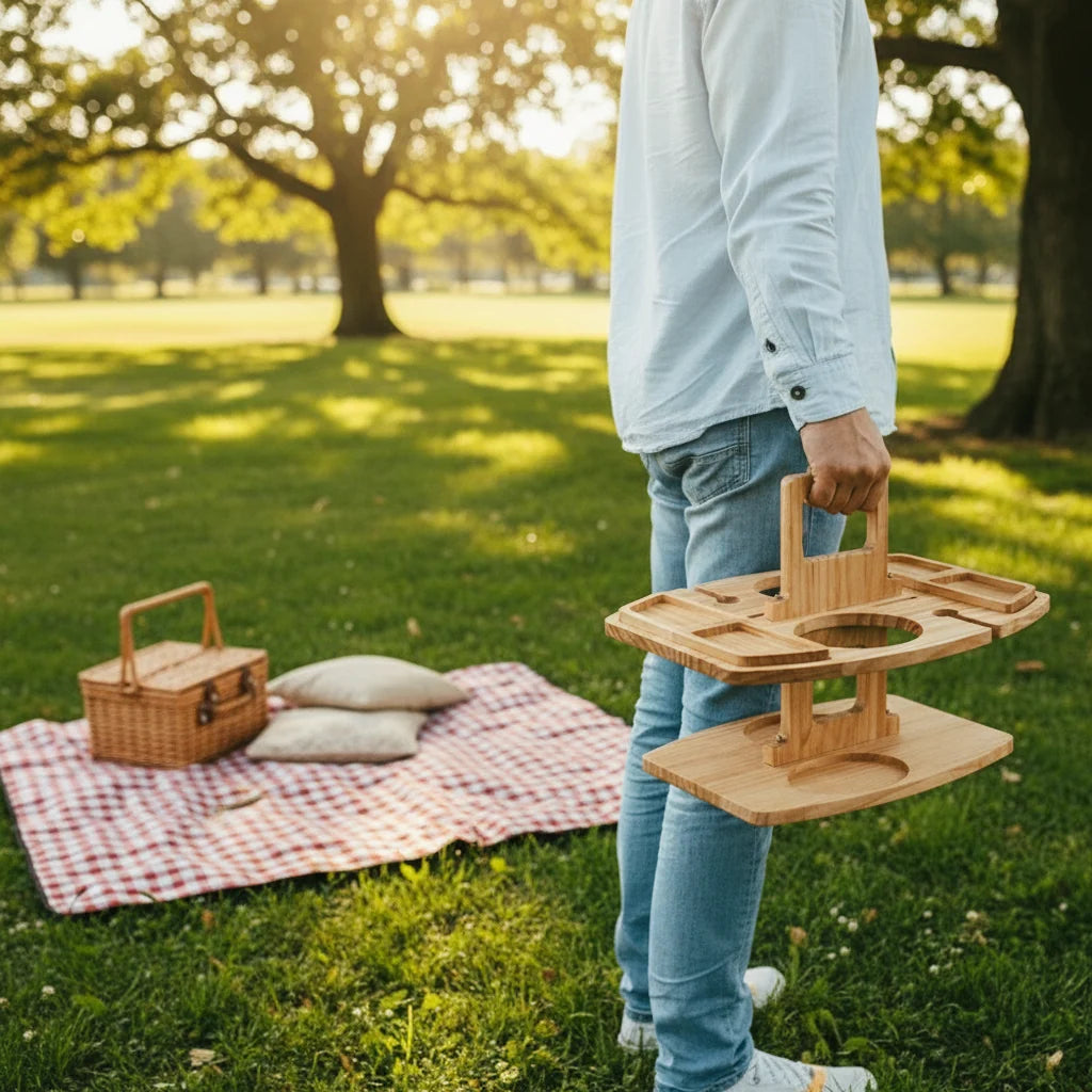Picnic Table Natural Wood Divided Compartments Portable Design