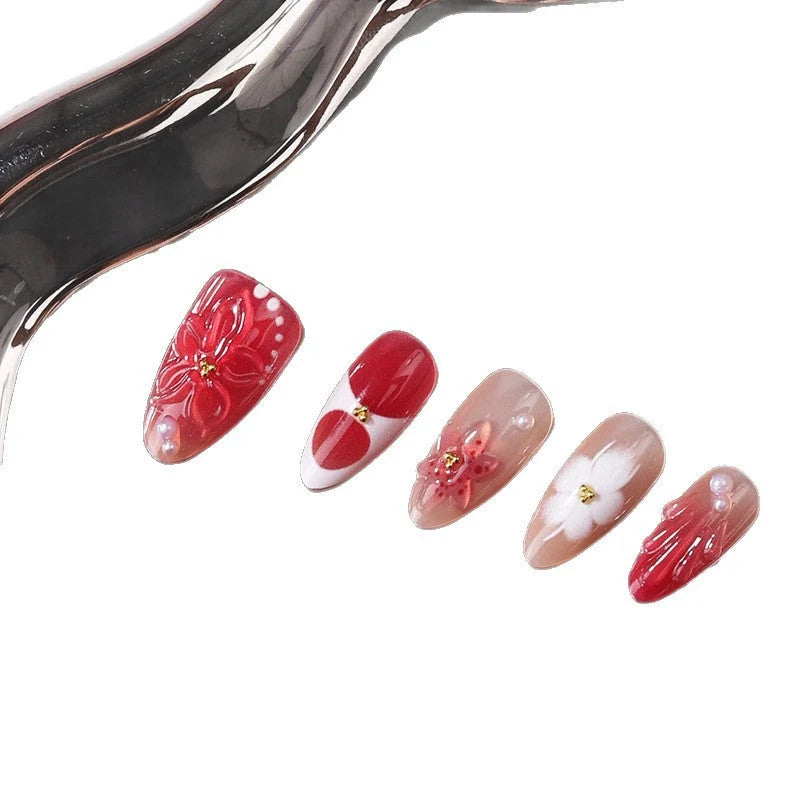 Press-On Nail Set 3D Floral Design With Adhesive Tabs Included
