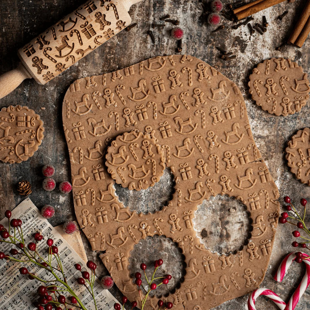 Rolling Pin Solid Maple Deep-Carved Holiday Patterns